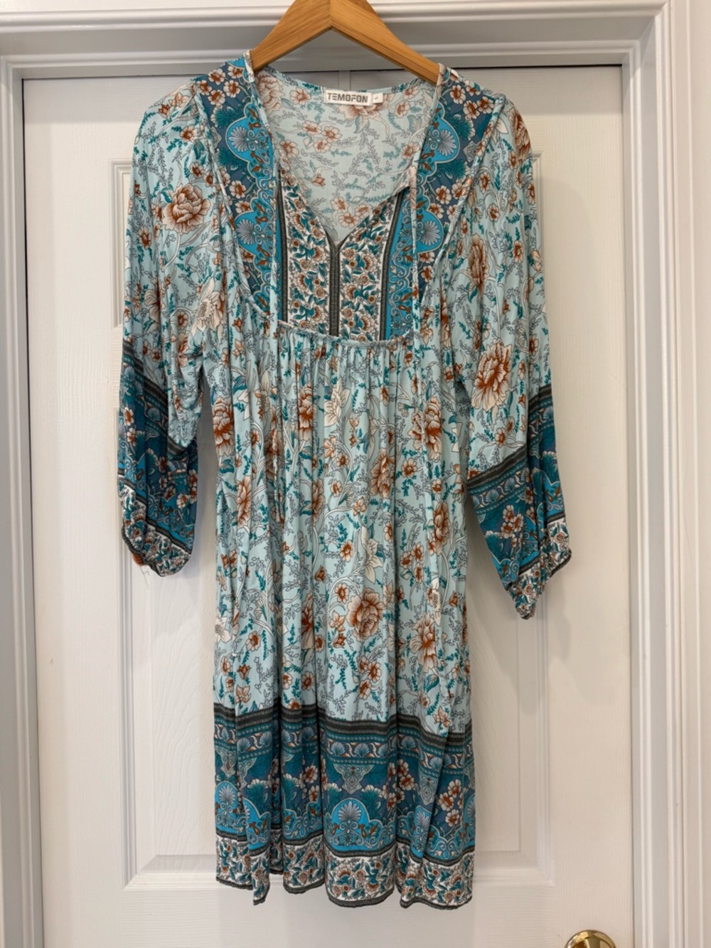 Amazon Teal Floral Long Sleeve Boho Dress
